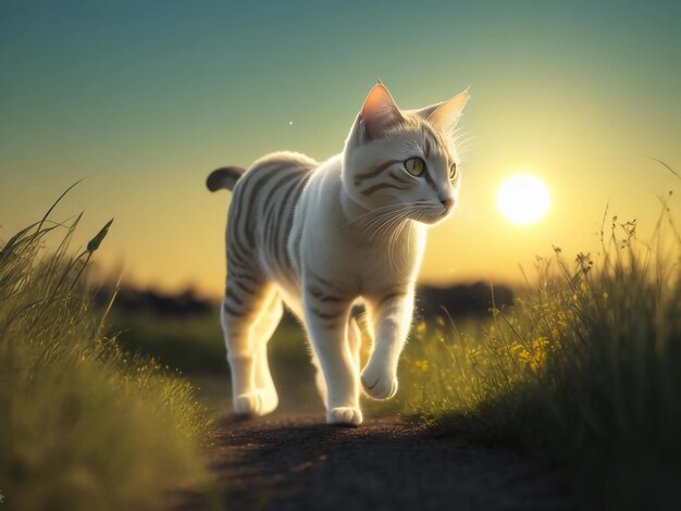 Gato elegante caminando con la puesta de sol en el horizonte