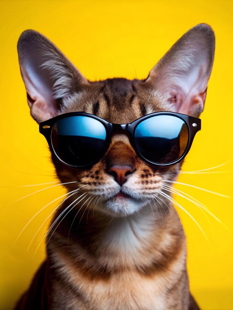 Foto gato elegante com óculos de sol mascote divertido e ilustração de cartaz