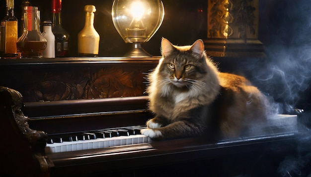 Gato elegante descansa em um piano na sala de música