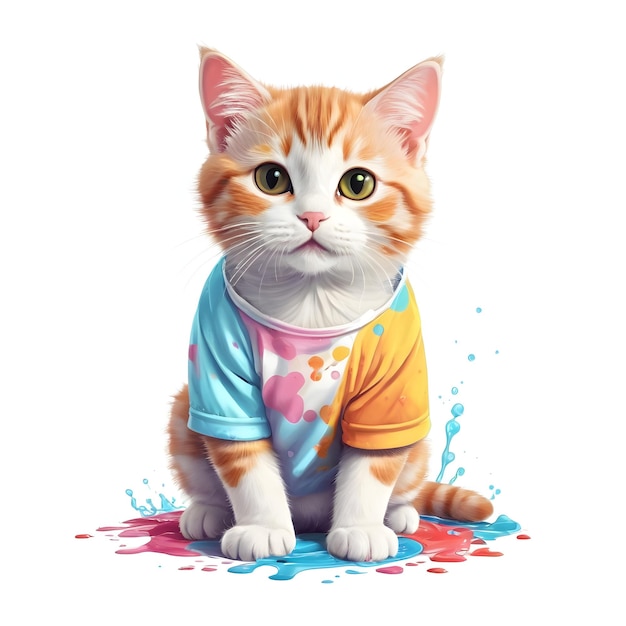 Gato elegante em roupa colorida com salpicos de pintura