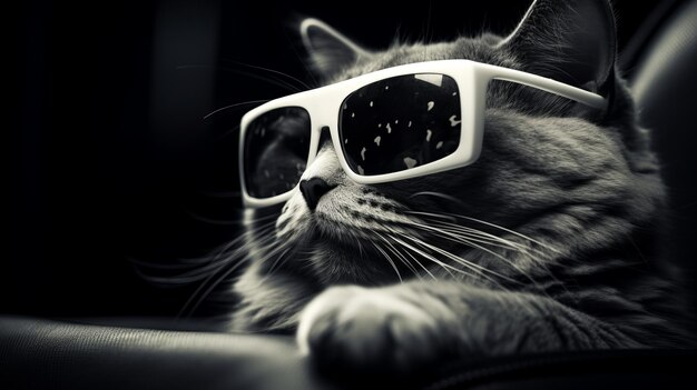 Un gato elegante con gafas de sol en la cabeza.