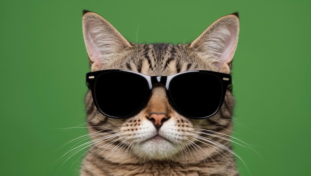Un gato elegante con gafas de sol en un fondo verde vívido