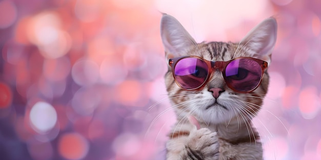 Foto gato elegante con gafas de sol posa con los pulgares hacia arriba en el concepto de fotos de mascotas de moda fotografía de mascota accesorios de estilo gafas de sol de moda posa con los pulgares hacia abajo