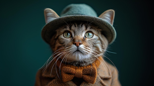 Gato elegante con sombrero y corbata sobre un fondo verde oscuro