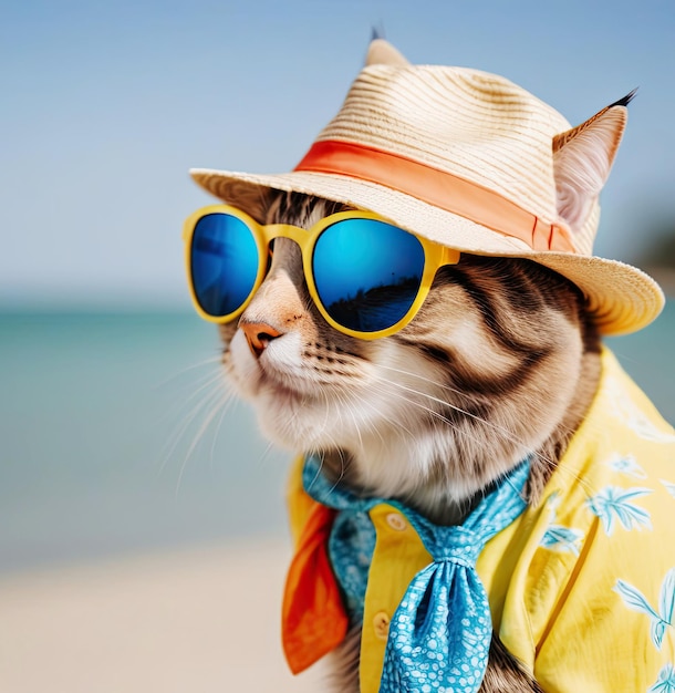 Foto gato elegante viajero con sombrero y camisa