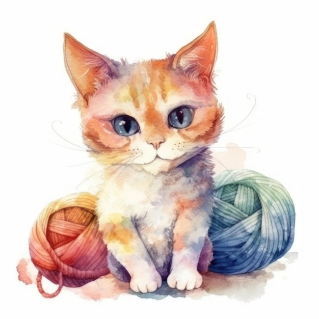 Gato em aquarela com um novelo de lã