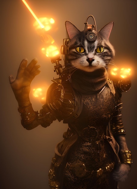 gato em armadura de feiticeiro steampunk, arte digital de fantasia, arte de horror, arte futurista - steampun apocalíptico