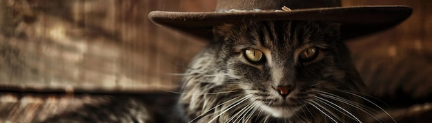 Foto gato em chapéu de cowboy com aparência severa luz interior suave