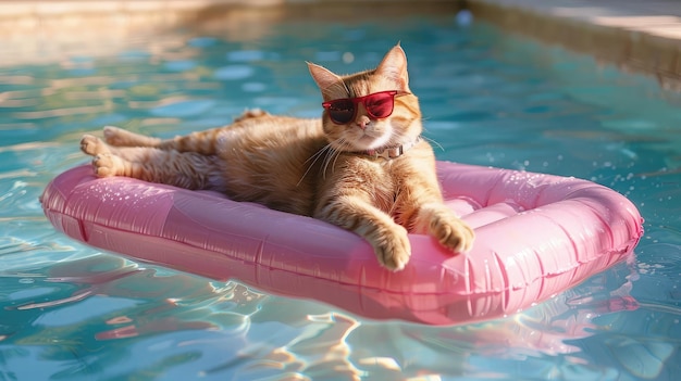 gato em colchão de ar rosa usando óculos de sol vermelhos em água refrescante