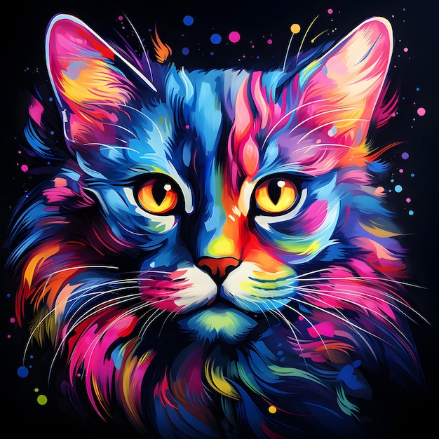 Gato em cores neon em um fundo preto Imagem moderna para impressão de decoração de quarto em papelaria de camiseta