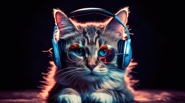 Gato em fones de ouvido gato diminuindo música generativa ai