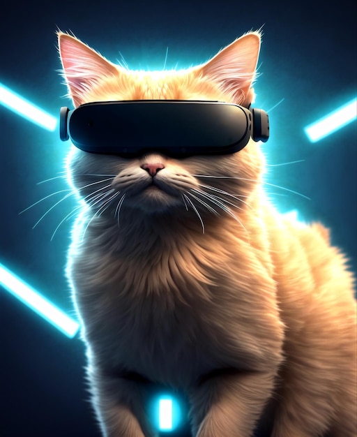 Gato em óculos de realidade virtual Gatinho moderno em óculos de realidade virtual Conceito de realidade artificial