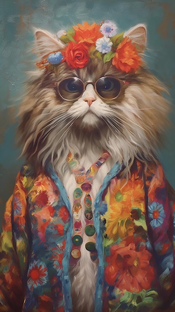 gato em roupas hippie