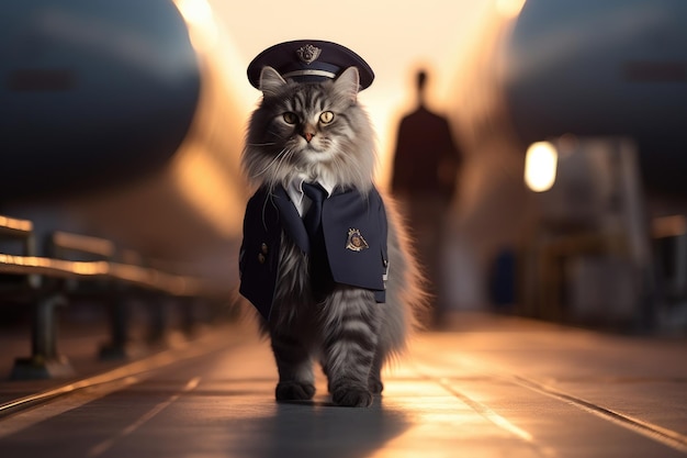 Gato em terno de aeromoça no aeroporto