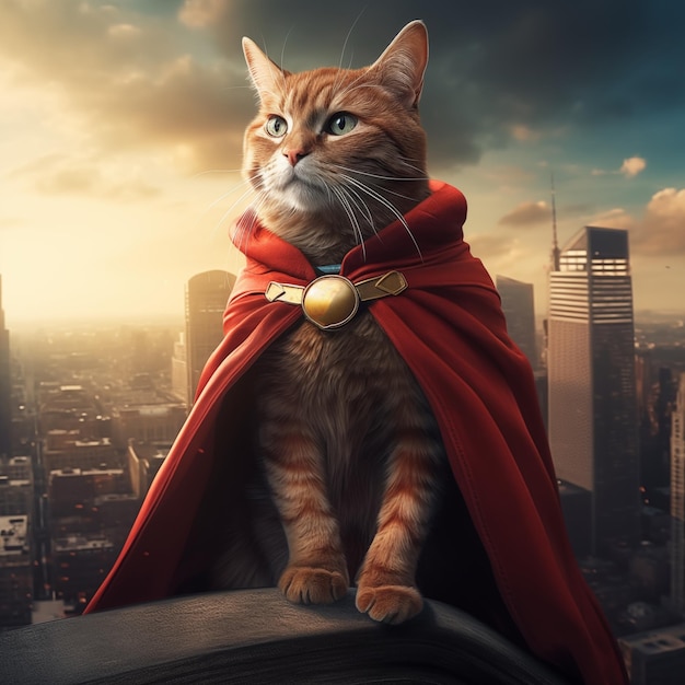 Gato em traje de super-herói com manto