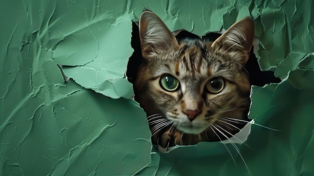 Foto gato em um buraco de papel verde pequeno gato tabby saindo através do fundo de artesanato animal de estimação engraçado