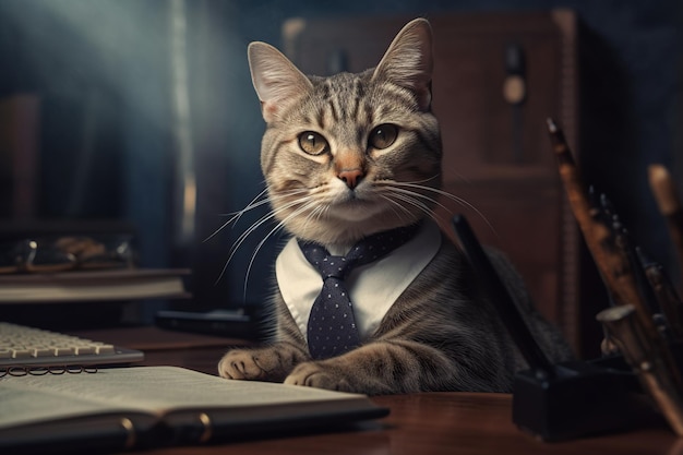 Gato em um terno de escritório está sentado em uma mesa no escritório Contador-gerente do gato