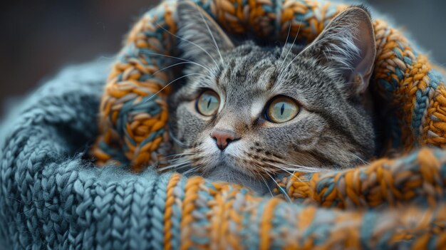 Gato embrulhado num cobertor