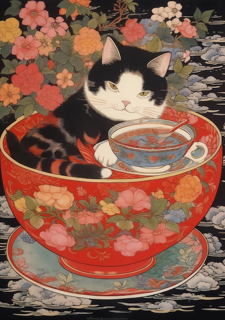 Gato encantador y una taza de té arte de anime esquemas de colores vibrantes estilo japonés Ramen gato flores de cerezo