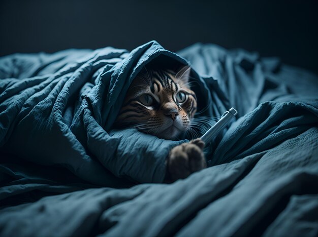 gato enfermo yace en la cama bajo las sábanas generado por IA