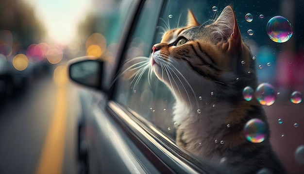 Gato engraçado anda de carro e olha pela janela para a rua Generative ai