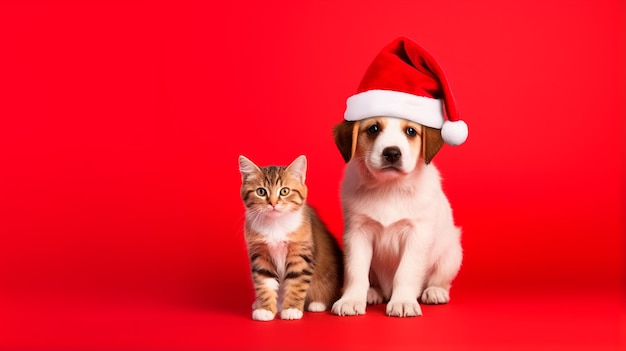 gato engraçado cachorro gato com chapéu de natal e chapéu vermelho de papai noel conceito de animal de estimação