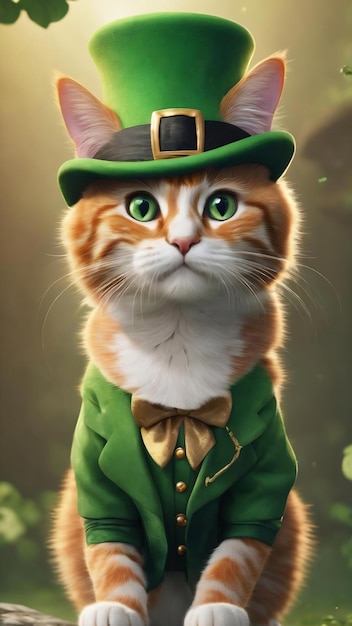 Gato engraçado com chapéu verde de duende.