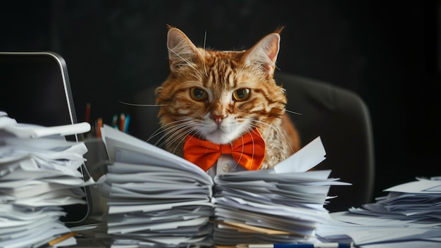 Foto gato engraçado com gravata laranja contabilista masculino ou gerente de empresa trabalha em um escritório