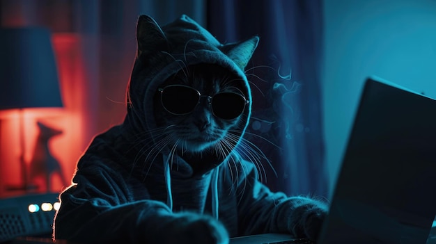 Foto gato engraçado com óculos de sol trabalhando no laptop à noite hacker com capuz tema escuro