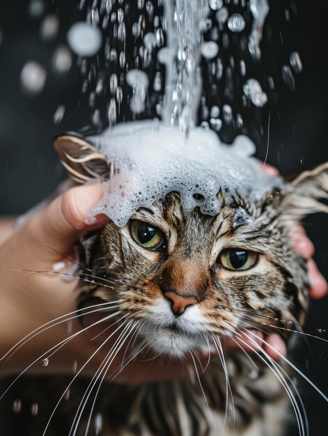 Gato engraçado e molhado a tomar banho