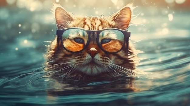 Gato engraçado em óculos azuis nada na água em um dia ensolarado generative ai