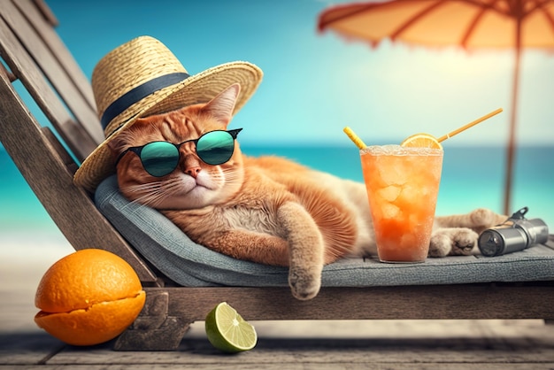 Gato engraçado em óculos de sol e chapéu na praia do mar, o animal de estimação gengibre relaxa nas férias generativa AI