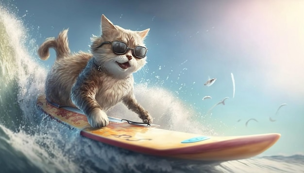 Gato engraçado em óculos de sol monta uma prancha de surf nas ondas do oceano Conceito de férias de verão Ai generative