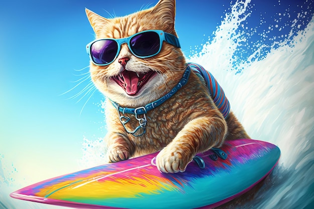 Gato engraçado em óculos de sol monta uma prancha de surf nas ondas do oceano Conceito de férias de verão Ilustração generativa de IA