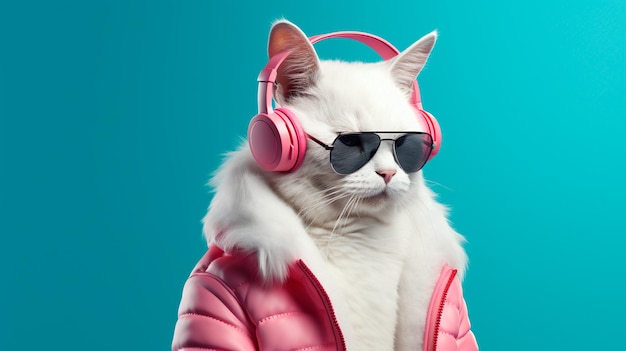 gato engraçado em óculos e fones de ouvido gato de moda e beleza no estúdio