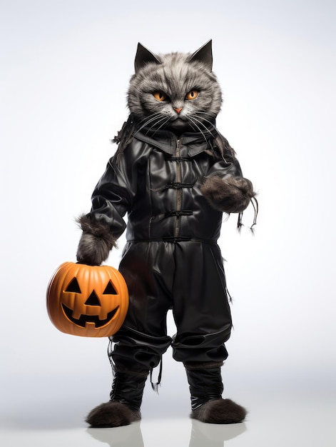 Gato engraçado fantasiado de Halloween segurando uma abóbora em um fundo branco