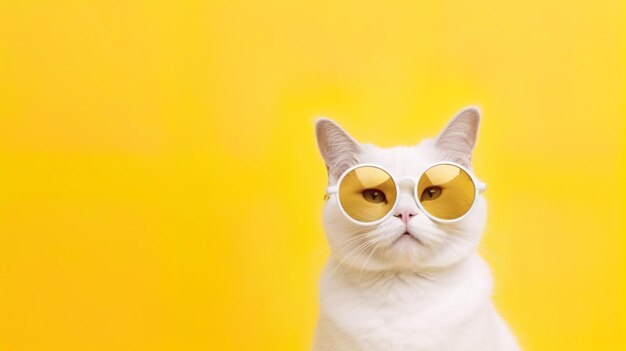 Gato engraçado usando óculos de sol em fundo de cor amarela pastel AI gerativa