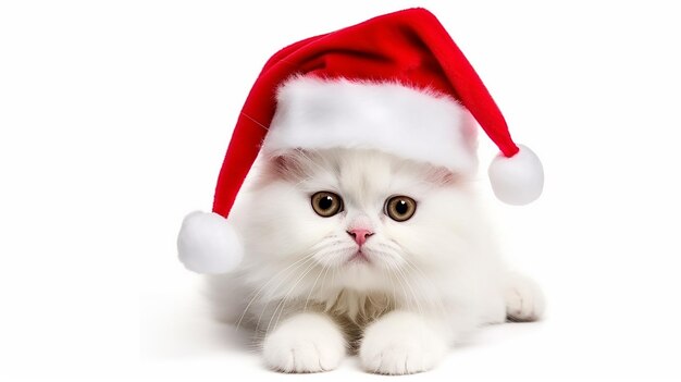 Gato engraçado vestindo um chapéu vermelho de Papai Noel isolado em fundo branco