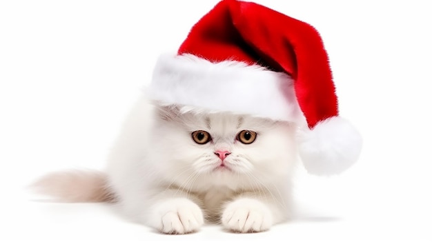 Gato engraçado vestindo um chapéu vermelho de Papai Noel isolado em fundo branco