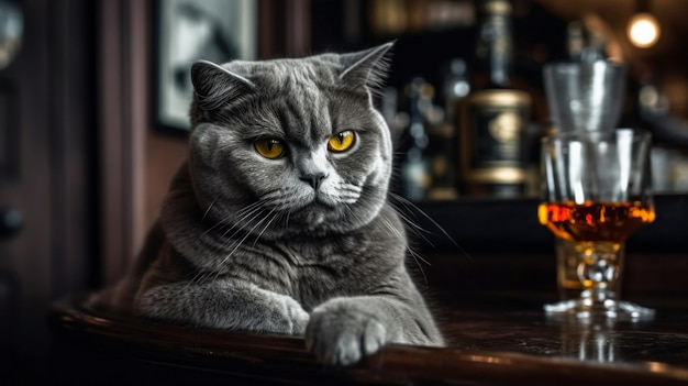 Un gato enojado adulto mira en el marco un primer plano de un animal en un mostrador de madera en un antiguo bar junto a un vaso de whisky al final de la jornada laboral generado por IA