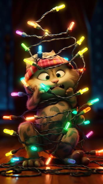 Gato enredado en una cadena de luces navideñas