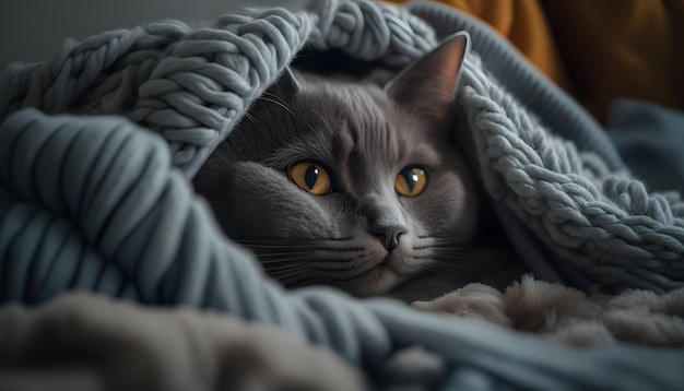 Un gato envuelto en una manta azul.