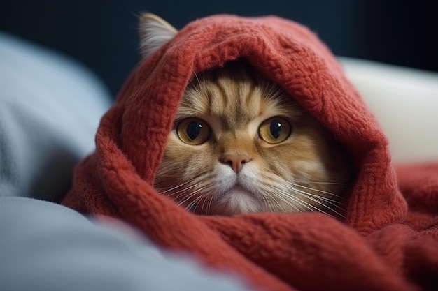 Un gato envuelto en una manta roja.