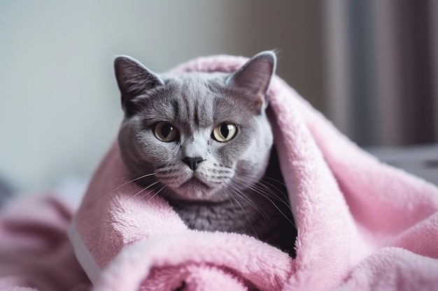 Un gato envuelto en una manta rosa.