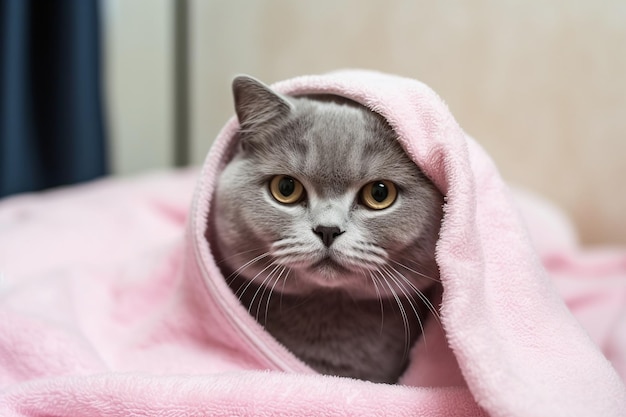 Un gato envuelto en una manta rosa.