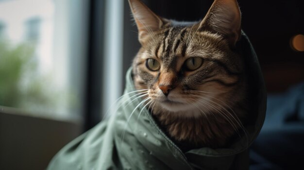 Foto un gato envuelto en una manta verde.