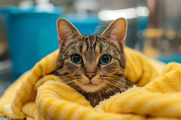 Foto gato envuelto en una toalla amarilla mirando a la cámara durante el aseo