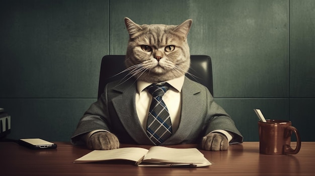 El gato es el jefe principal en una silla de cuero mirando a la cámara un retrato Empresario de oficina jefe de la empresa Funny AI generado