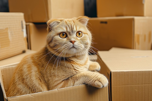 Gato escocés doblado de oro en una caja de cartón