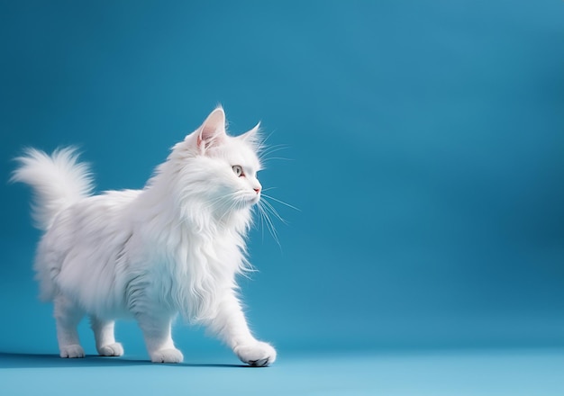 Gato escocés de pelo largo blanco caminando sobre un fondo azul
